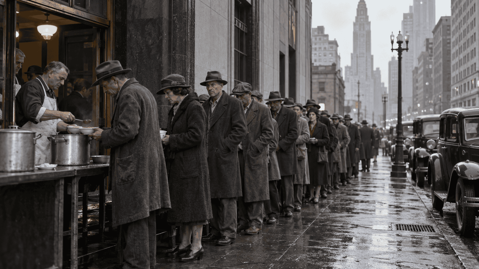 1930s Great Depression breadline in a city street with unemployed people, vintage cars and urban hardship