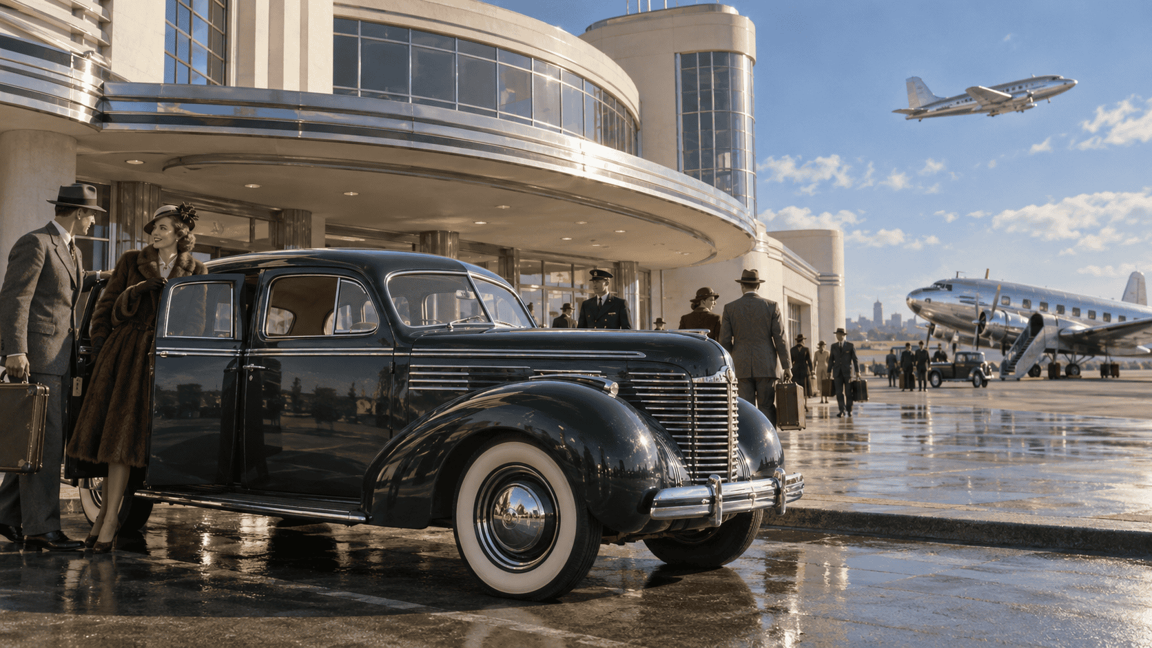 1930s Streamline Moderne airport with vintage car, air travel, elegant passengers and modern transportation design