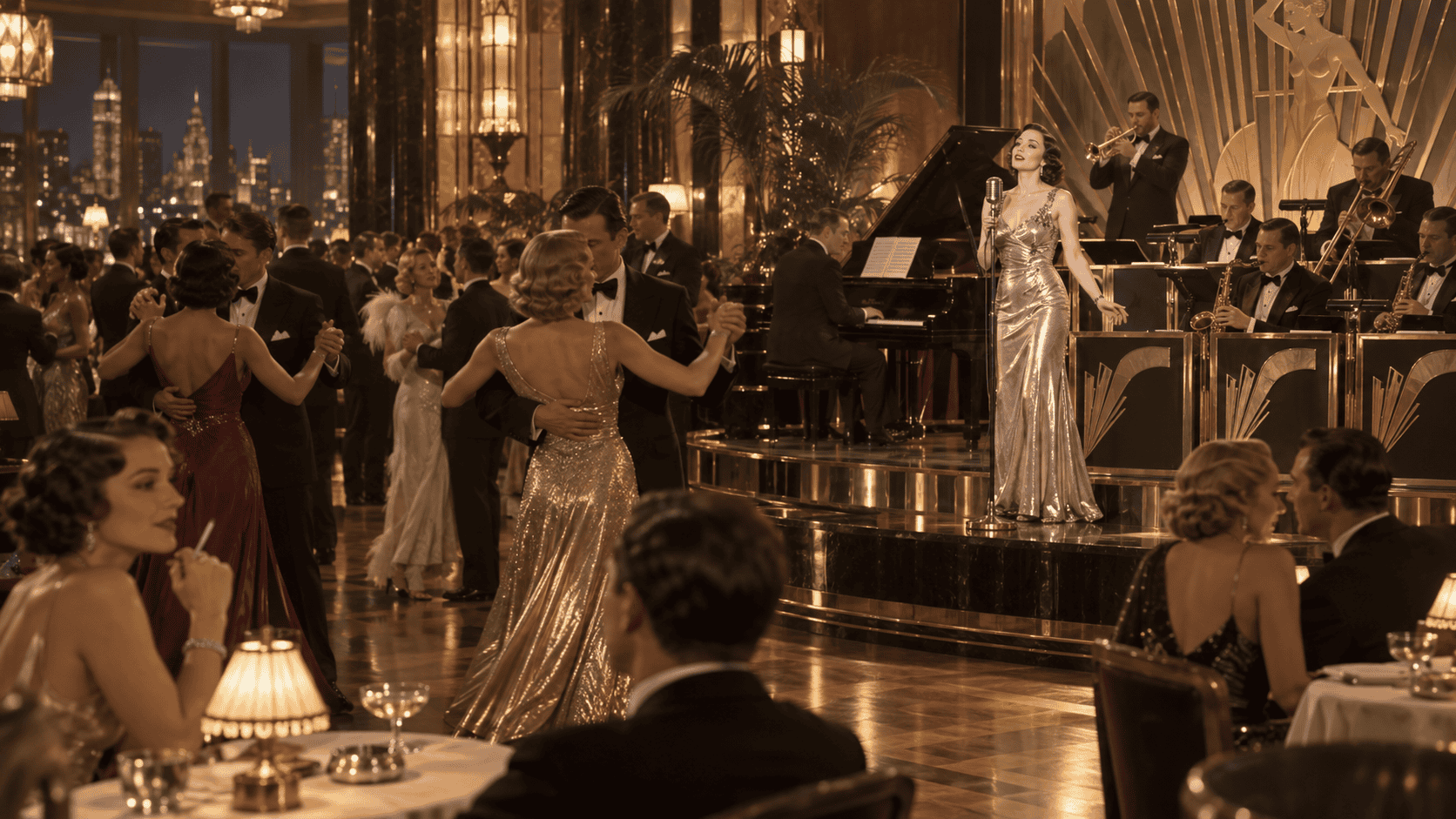 1930s swing ballroom with big band, singer, dancing couples and glamorous Art Deco nightlife